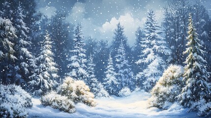 Obraz premium Snow-laden spruce branches and boxwood bushes stand tall in a serene winter forest, blanketed in a gentle snowfall that transforms the scene into a picturesque winter wonderland. 