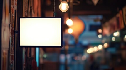 Obraz premium Illuminated Empty Light Box for Advertising with Hanging Bulbs in a Commercial Setting, Ideal for Displaying Media Content in Transportation Hubs
