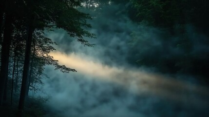 Obraz premium Dense Morning Fog Shrouding a Mystical Forest With Rays of Muted Light Piercing Through