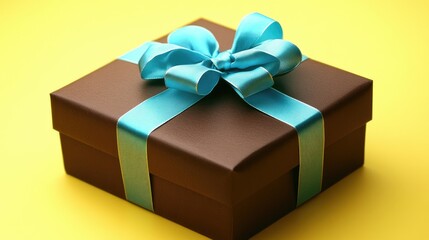 Obraz premium Brown gift box with a blue ribbon bow placed on a vibrant yellow background, creating a cheerful and festive display.