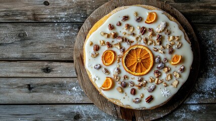 Festive fruit cake adorned with icing, nuts, and dried orange slices, beautifully arranged on a rustic wooden surface for winter celebrations.