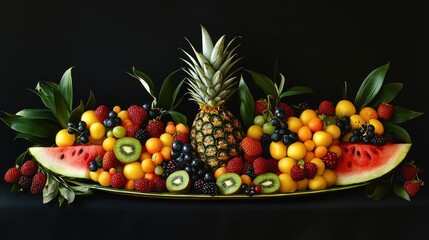 A colorful fruit display featuring pineapple, watermelon halves, assorted berries, and kiwi, elegantly arranged with green leaves against a dark background.