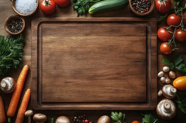 Fresh Vegetables and Herbs Laid Out on a Wooden Cutting Board Preparing for Cooking with a Vibrant Display of Natural Ingredients and Spices