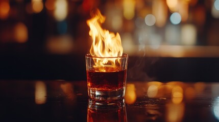 Flaming cocktail in a shot glass with vibrant flames rising above, set against a beautifully blurred bar background.