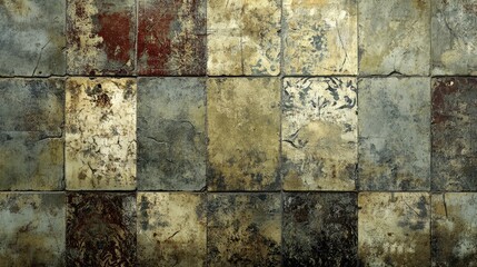 Weathered vintage damask patchwork tiles showcasing a textured stone and concrete wall, perfect for backgrounds and banners with rustic charm.