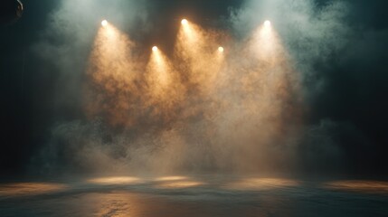 Fototapeta premium Illuminated stage featuring vibrant spotlights cutting through a dense smoky haze, creating an atmospheric and dramatic scene.