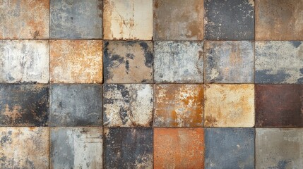 Fototapeta premium Vintage patchwork tiles with a rusty, worn texture on a stone and cement wall, showcasing a distinctive and unique background panorama.