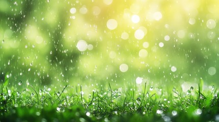 Lush green forest under gentle rainfall with sparkling droplets on grass, featuring a serene blurred background and soft bokeh lighting.