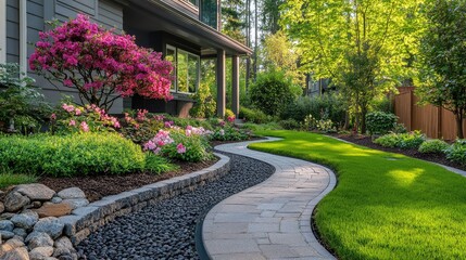 Lush garden landscape with a curvy stone pathway, vibrant blooming flowers, and soft ambient lighting creating an inviting atmosphere by a modern home.