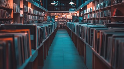 Vintage music store interior showcasing rows of vinyl records and cassette tapes illuminated by soft lighting and a nostalgic ambiance.