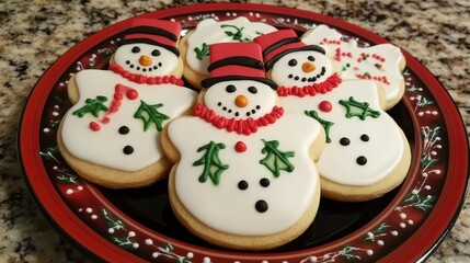 Obraz premium Festively Decorated Snowman Cookies with Colorful Icing, Featuring Red Scarves, Black Hats, and Holiday-themed Designs on a Decorative Plate