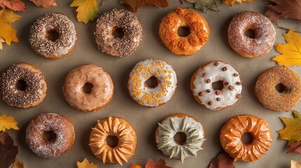 Fototapeta premium Autumn-themed doughnuts variety featuring iced and sprinkled designs on a flat lay with colorful fall leaves, showcasing seasonal baking treats.