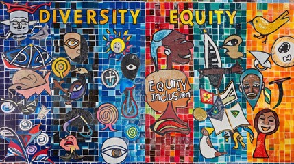 Obraz premium A striking mosaic with the words DIVERSITY EQUITY Inclusion creatively incorporated into a vibrant and dynamic design, The words are surrounded by a diverse array of symbols and icons