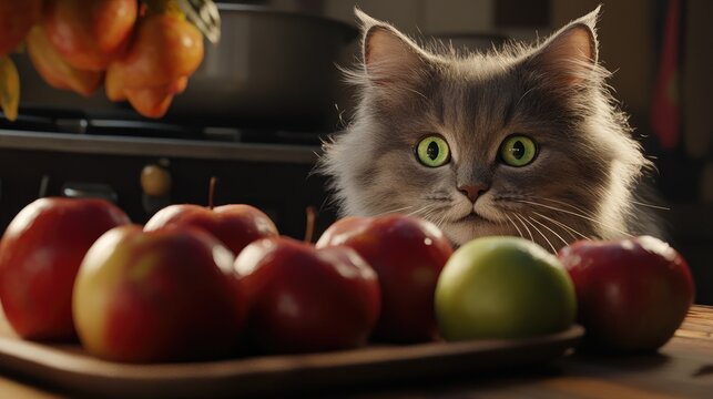 Fluffy gray cat with striking green eyes curiously watches apples on a table in a warm, inviting kitchen environment. - Powered by Adobe