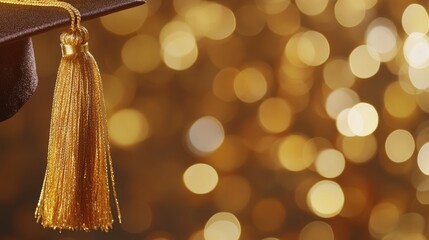 Fototapeta premium Graduation cap with golden tassels against a shimmering gold bokeh background, designed for graduation celebration invitations with space for text.