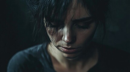 Woman in despair with bruised under eyes expressing deep sadness and hopelessness, set against a dark and somber backdrop.