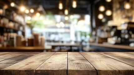 Wooden tabletop in focus with a softly blurred restaurant background, perfect for product display montages and creative presentations
