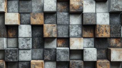 Vintage geometric mosaic tile design in porcelain featuring a textured stone and concrete wall with a 3D cube effect, perfect for wallpaper or backgrounds.