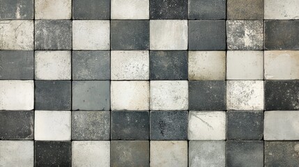 Vintage geometric mosaic pattern of squares in gray, white, anthracite, and black cement tiles, perfect for a textured background design.