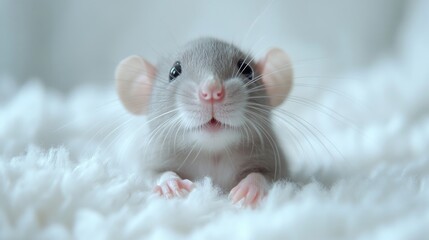 Curious grey baby rat with a pink nose and big eyes, resting on fluffy white surface, exhibiting an adorable and playful expression.