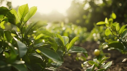 Obraz premium Lush green lemon trees flourishing under warm summer sunlight with vibrant foliage and ripe fruit hidden among the leaves