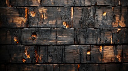 Close-up of a weathered, charred wooden wall with deep textures and rich dark tones.