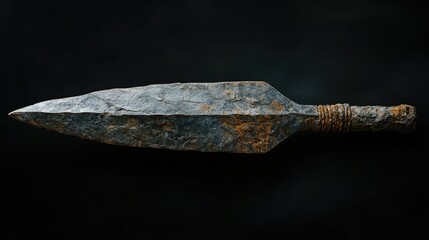 Ancient quartzite spearhead from the Atherian lithic industry showcasing primitive craftsmanship from the Paleolithic and Acheulean eras on a dark backdrop.