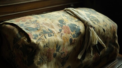 Antique item wrapped in ornate floral fabric with a tied cloth section, exuding vintage charm and historical significance.