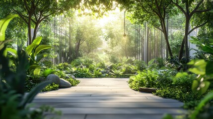 Serene park path leading into an open square surrounded by vibrant greenery and soft sunlight filtering through lush trees and plants