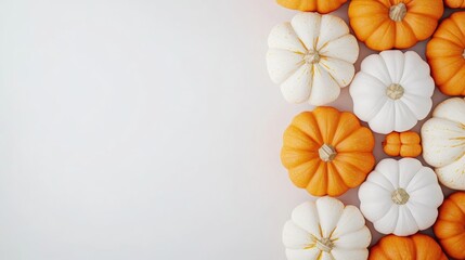 Top view of a blend of vibrant orange and white pumpkins arranged in a decorative pattern, perfect for autumn-themed greetings and messages.
