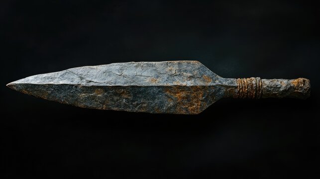 Ancient quartzite spearhead from the Atherian lithic industry showcasing primitive craftsmanship from the Paleolithic and Acheulean eras on a dark backdrop.