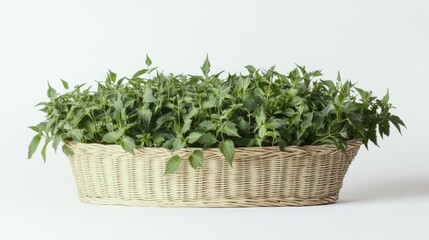 Fototapeta premium Vibrant basket overflowing with fresh green stinging nettle leaves against a clean white background, highlighting the lush foliage and natural appeal.