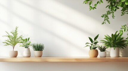 Fototapeta premium Wooden floating shelf featuring various greenery and decorative vases against a bright white wall in a contemporary living room setting