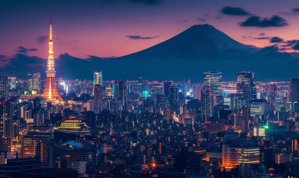 Tokyo skyline at night with view of Mount Fuji in the background, Generative AI