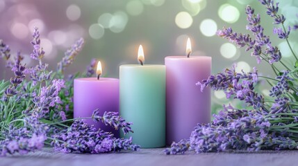 Candles in violet and mint green with flames, surrounded by fresh lavender flowers on a softly blurred pastel background