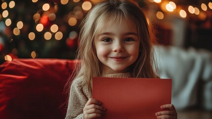 Little girl joyfully holding a red envelope, preparing to surprise her mother with a handmade postcard, surrounded by a warm, festive atmosphere.