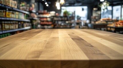Wooden table in a vibrant supermarket food section with blurred shelves of products, highlighting modern retail dynamics and consumer choices.
