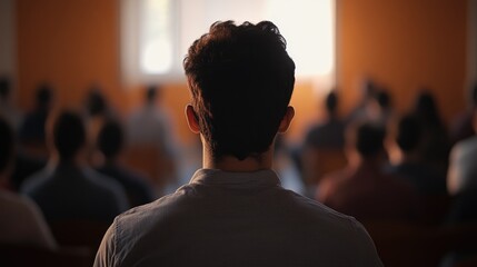 Close-up view from behind of a person listening intently to a speaker in a dimly lit room, with an engaged audience in soft focus promoting insightful discussions.