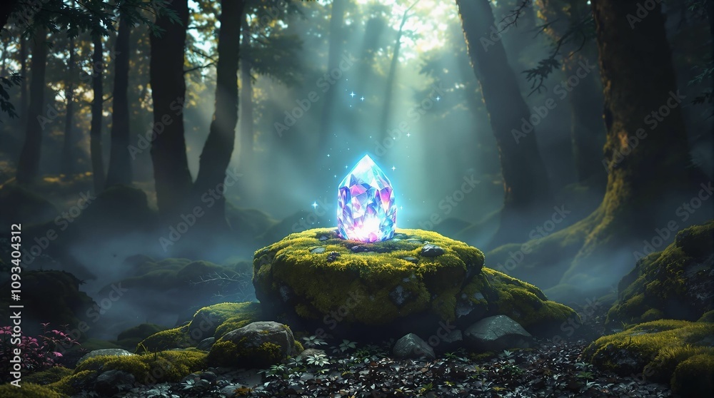 Poster magic crystal in the forest. fantasy landscape. 3d rendering