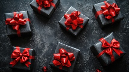 Elegant black gift boxes with vibrant red bows arranged on a textured dark backdrop, providing ample space for personalization or text additions.