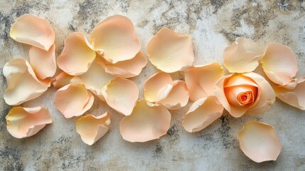 Delicate rose petals in soft peach hue elegantly arranged with a blooming rose on a muted background, perfect for romantic occasions or floral designs