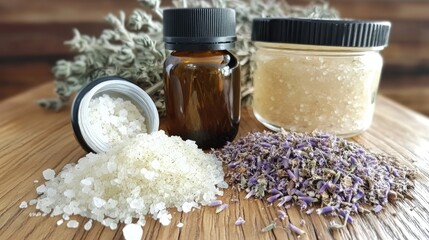Botanical salt herb mixtures and essential oils displayed on a wooden tabletop, featuring lavender, healing salts, and natural remedy blends for baths and teas.