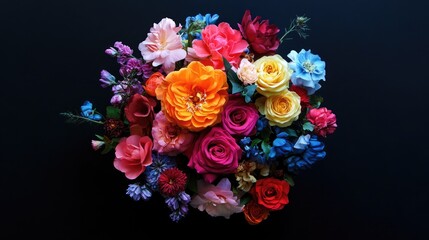 Colorful bouquet of roses and mixed flowers arranged beautifully, captured from a top-down perspective against a dark background.
