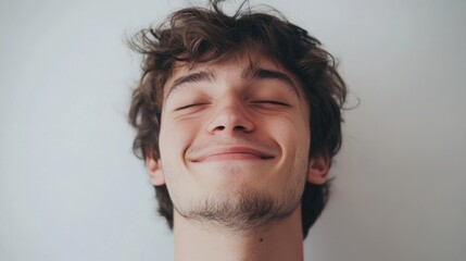 Obraz premium Smiling young man with tousled hair showcasing joy against a minimalist white background, exuding warmth and happiness.