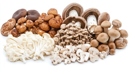 Variety of brown shimeji mushrooms including enoki, shiitake, and others displayed on a white background showcasing their diverse shapes and textures.