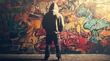 Obraz premium A male figures stands against a vibrant graffiti wall, embodying urban culture and self-expression.