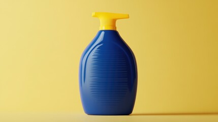 Vivid blue laundry detergent bottle with a pump top and bright yellow cap against a soft yellow background, highlighting its sleek design and functionality.