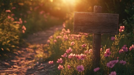Wooden signpost mockup beside a winding trail adorned with vibrant pink wildflowers bathed in soft golden hour light.