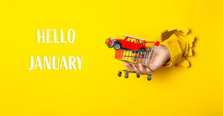 A woman's hand holds a shopping cart with a toy car inside