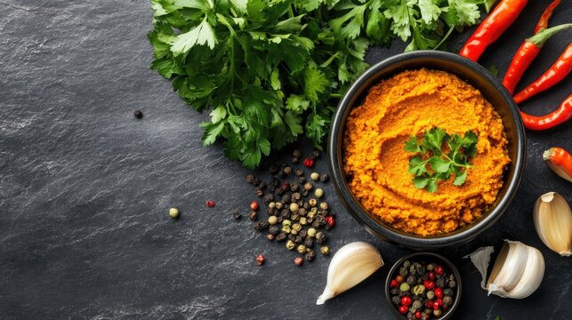 Vibrant orange curry paste in a bowl with fresh parsley, spicy red peppers, black and white peppercorns, and garlic cloves arranged artistically on a dark table surface.